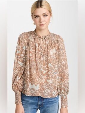Ulla Johnson Taupe & Cream Paisley Tie-Neck Blouse